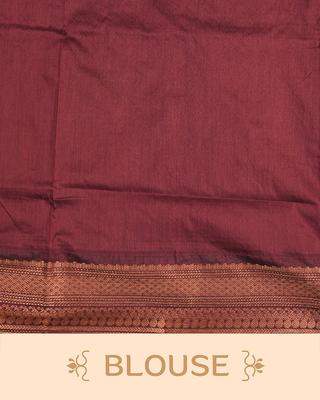 Peacock Blue colour kalyani cotton saree featuring Copper zari check pattern on body, complemented by Maroon colour with Antique zari border, paired with matching blouse piece
