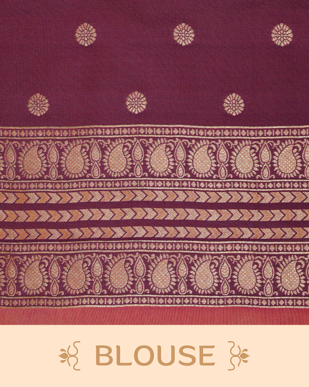 Rust orange & gold double shade Mulberry silk saree featuring floral gold zari patterns on body, paired with contrast purple colour with traditional border, comes with matching blouse piece.