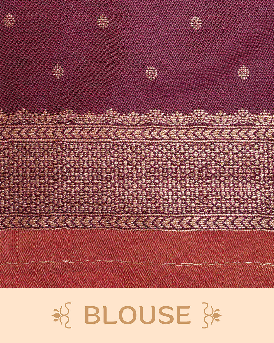 Rust orange & gold double shade Mulberry silk saree featuring gold floral zari patterns on body , paired with contrast magenta colour with traditional border, comes with matching blouse piece.