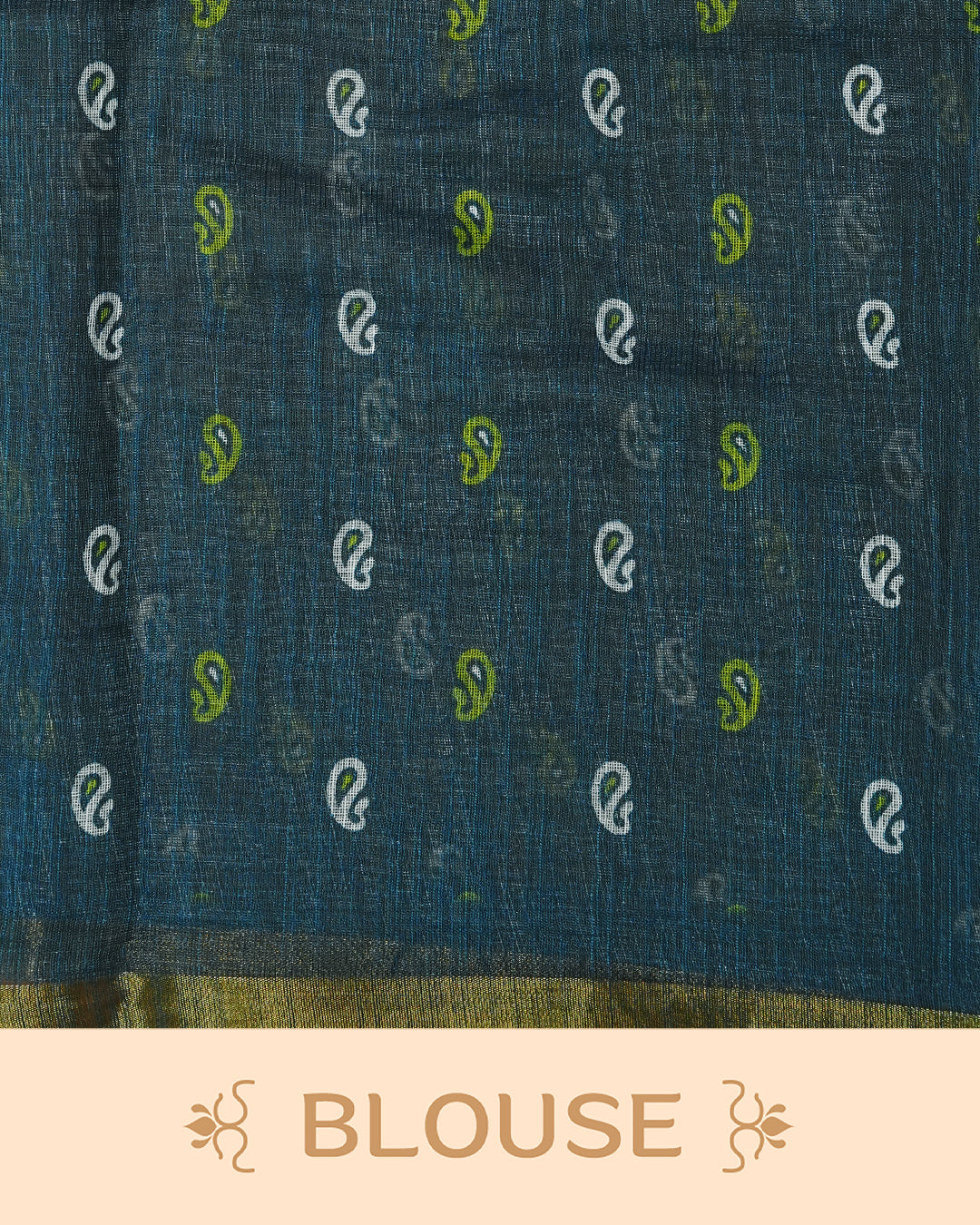 Light Blue Colour Semi Linen Saree featuring birds print with mirror work, paired with matching printed blouse piece.