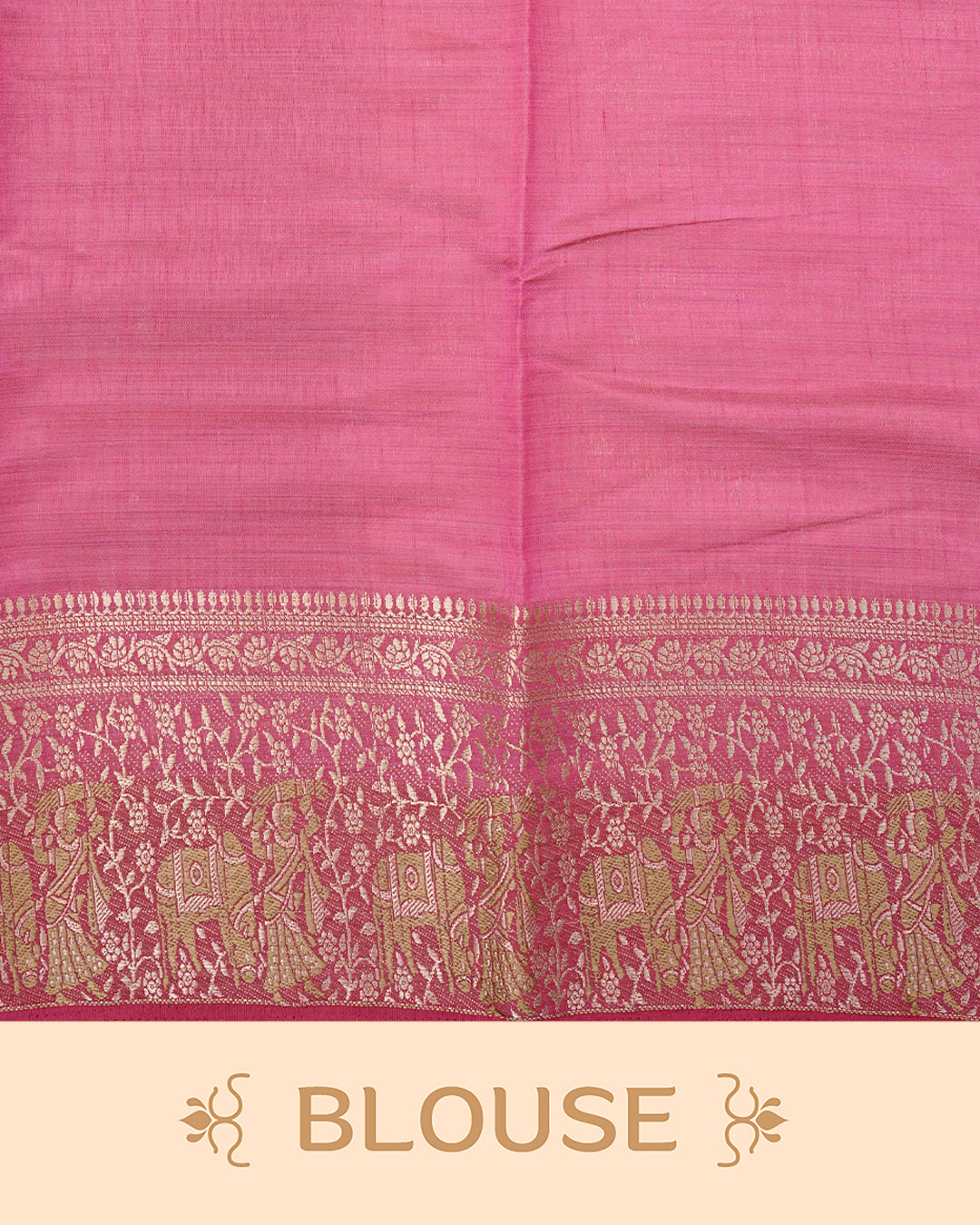 Light gold tussar saree featuring Elegant plain body, complemented by contrast Magenta colour with Gold zari Floral kodi with Elephant Pattern border, comes with matching blouse piece.