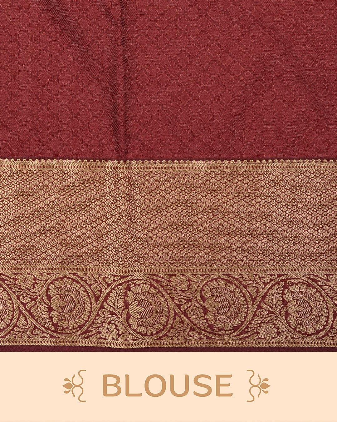 Cream colour semi wedding saree featuring gold zari Floral kodi Pattern on body, contrast Maroon colour with traditional border, paired with matching blouse piece.