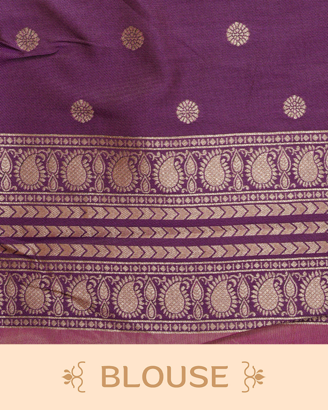 Golden Mustard Mulberry silk saree featuring gold floral zari patterns on body , paired with contrast purple colour with traditional border, comes with matching blouse piece.