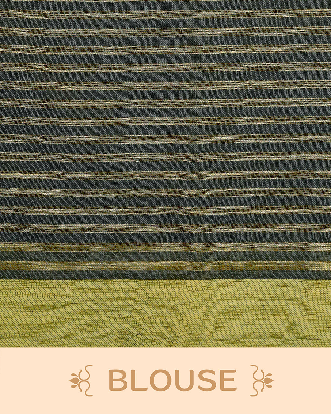 Grey Colour Half & Half Mul cotton saree featuring Gold zari Stripes on one side, Complemented by contrast Green colour Border & tassels.