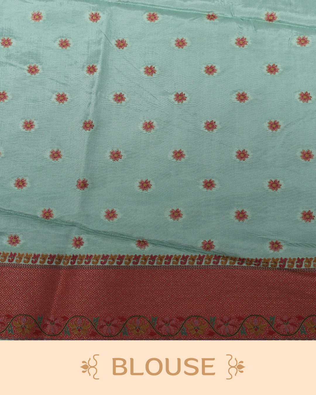 Ice Blue Colour Pashmina Saree featuring Plain body, complemented by Contrast Brick red colour with Floral pattern & gold zari on border and Pallu, comes with matching blouse piece.