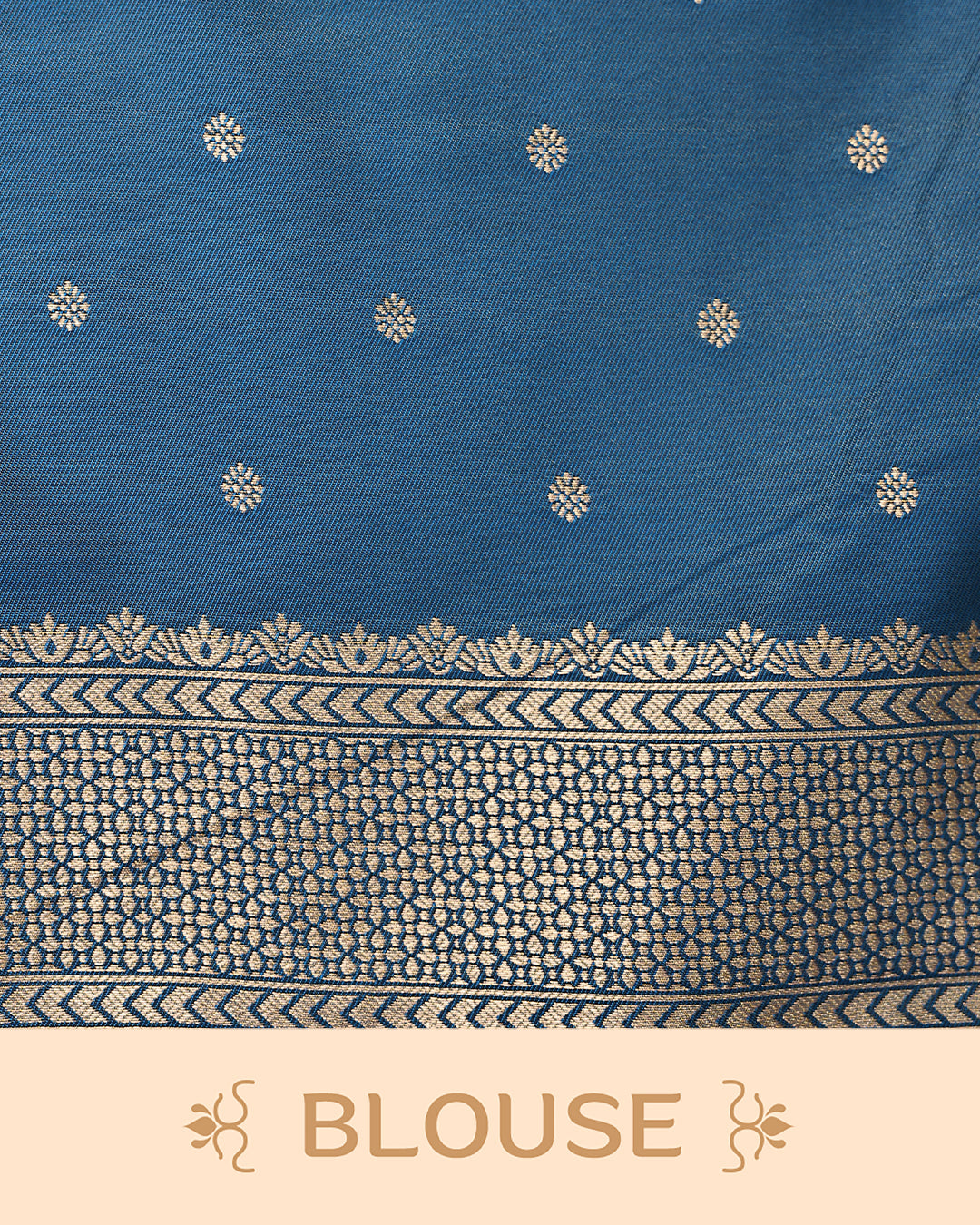 Olive green & gold double shade Mulberry silk saree featuring floral gold zari patterns on body, paired with contrast teal colour with traditional border, comes with matching blouse piece.