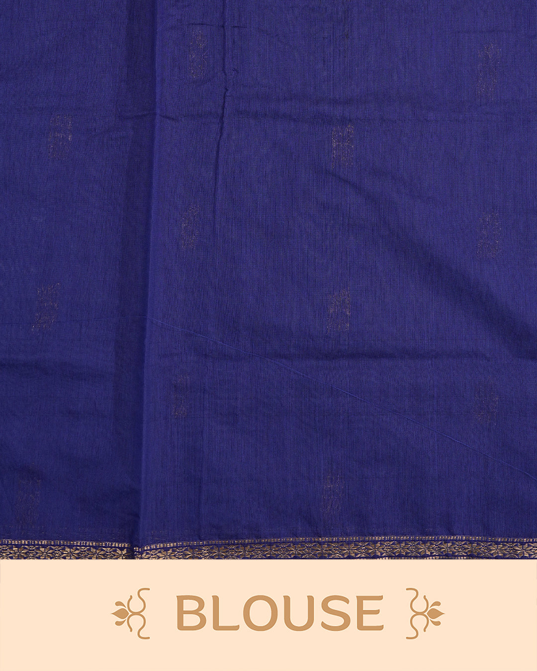 Pink colour kalyani cotton saree featuring gold zari Floral pattern on body, complemented by Blue colour with Stripes & Floral Gold zari border, paired with matching blouse piece