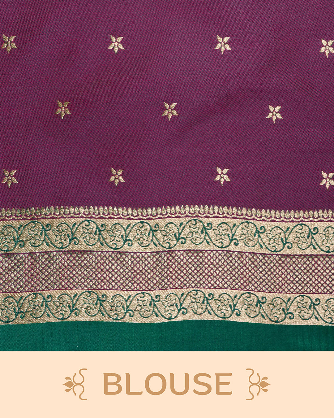 Green colour Mulberry silk saree featuring gold floral zari patterns on body, paired with contrast maroon colour with traditional border, comes with matching blouse piece.