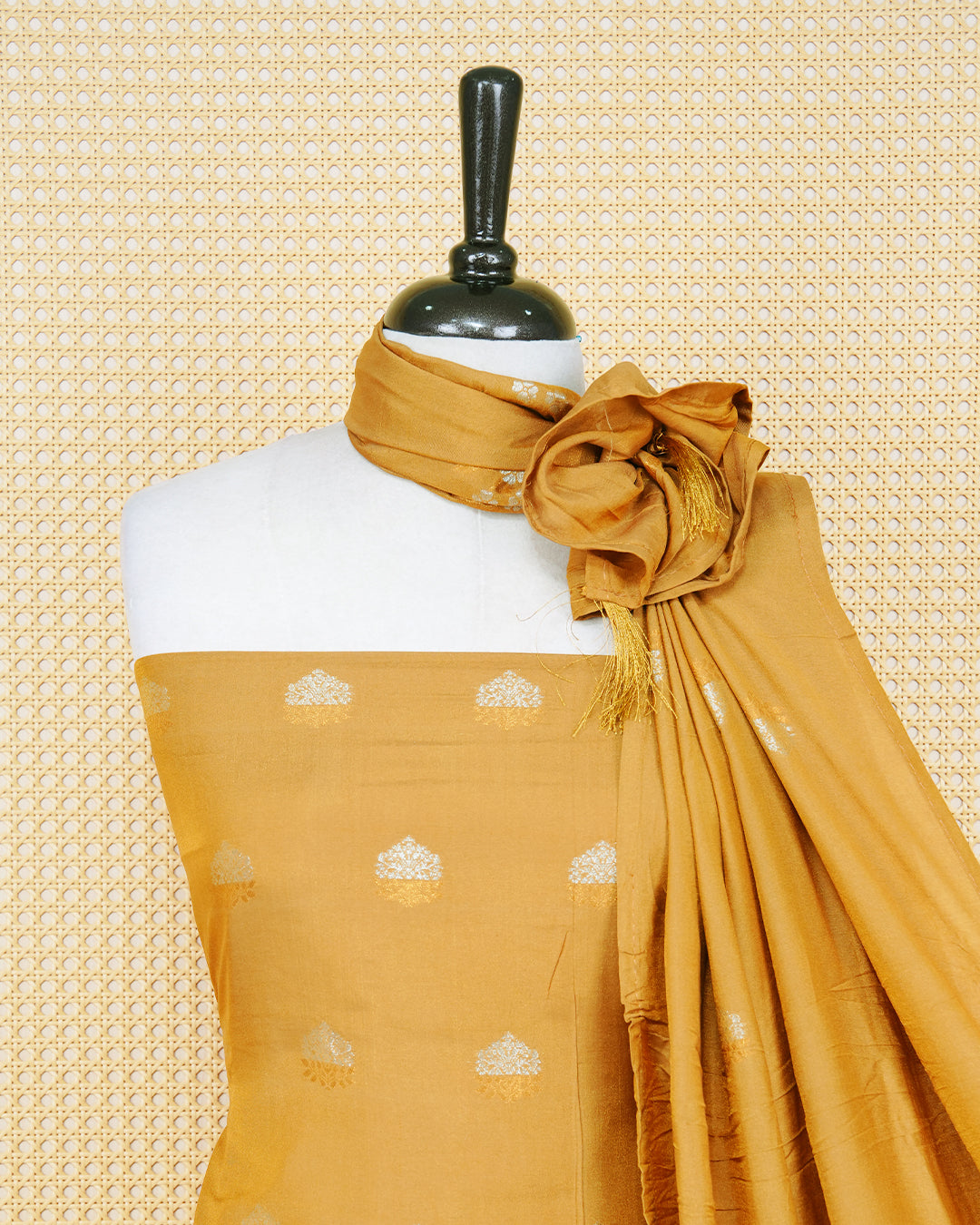 Dark yellow colour Banares Salwar material Featuring Gold and Silver zari floral motifs on body, paired with matching bottom & Elegant Dupatta