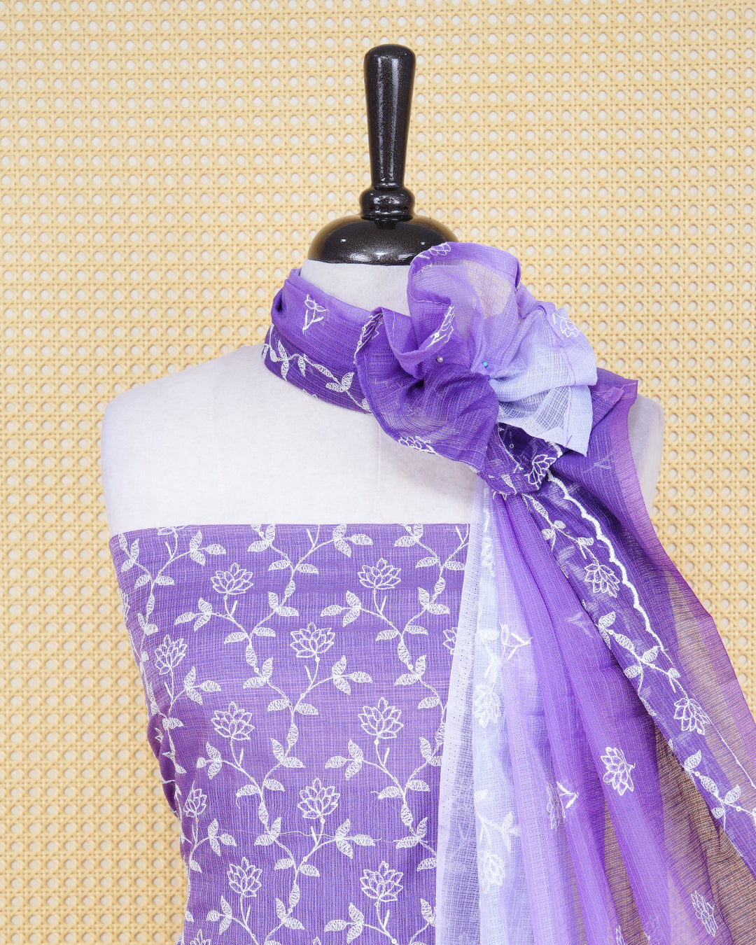 Lavender Colour Net Kota Material Featuring Floral Thread Pattern on Body, Paired with Matching Bottom & Elegant Dupatta
