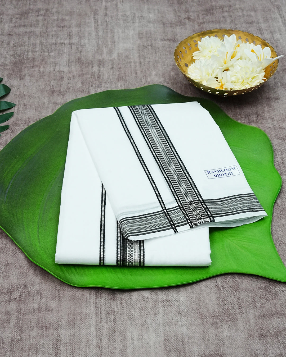 Off White Colour Handloom Cotton Double Dhoti Finished With Black & Silver Striped kara.