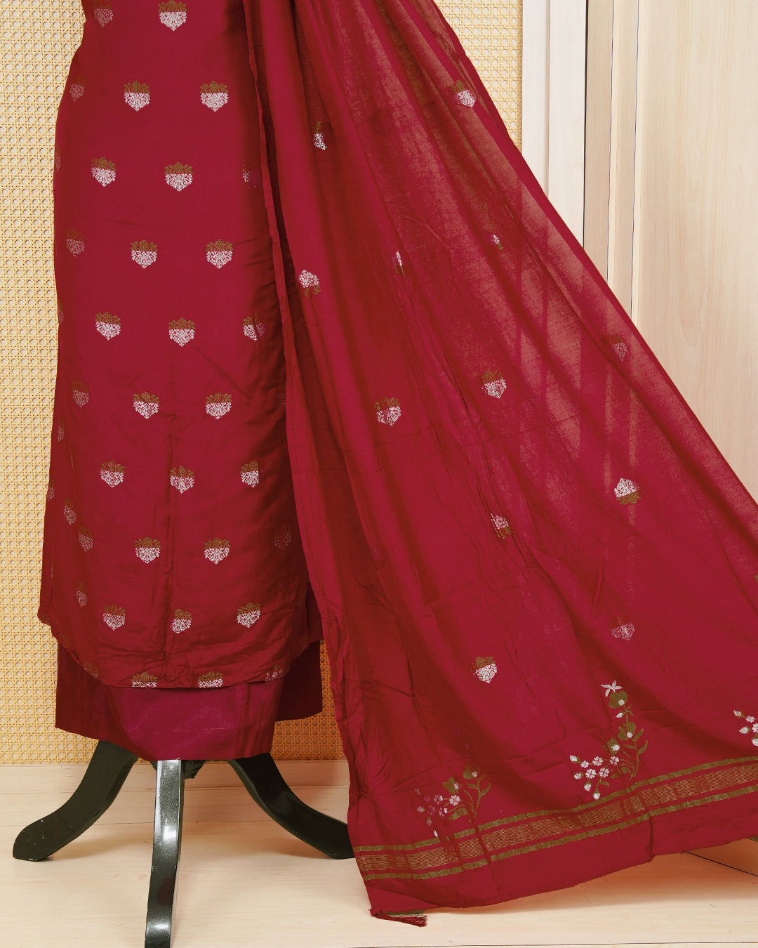 Maroon colour Banaras salwar material Featuring Gold & silver Zari Floral motifs on body, paired with matching bottom & Elegant Dupatta