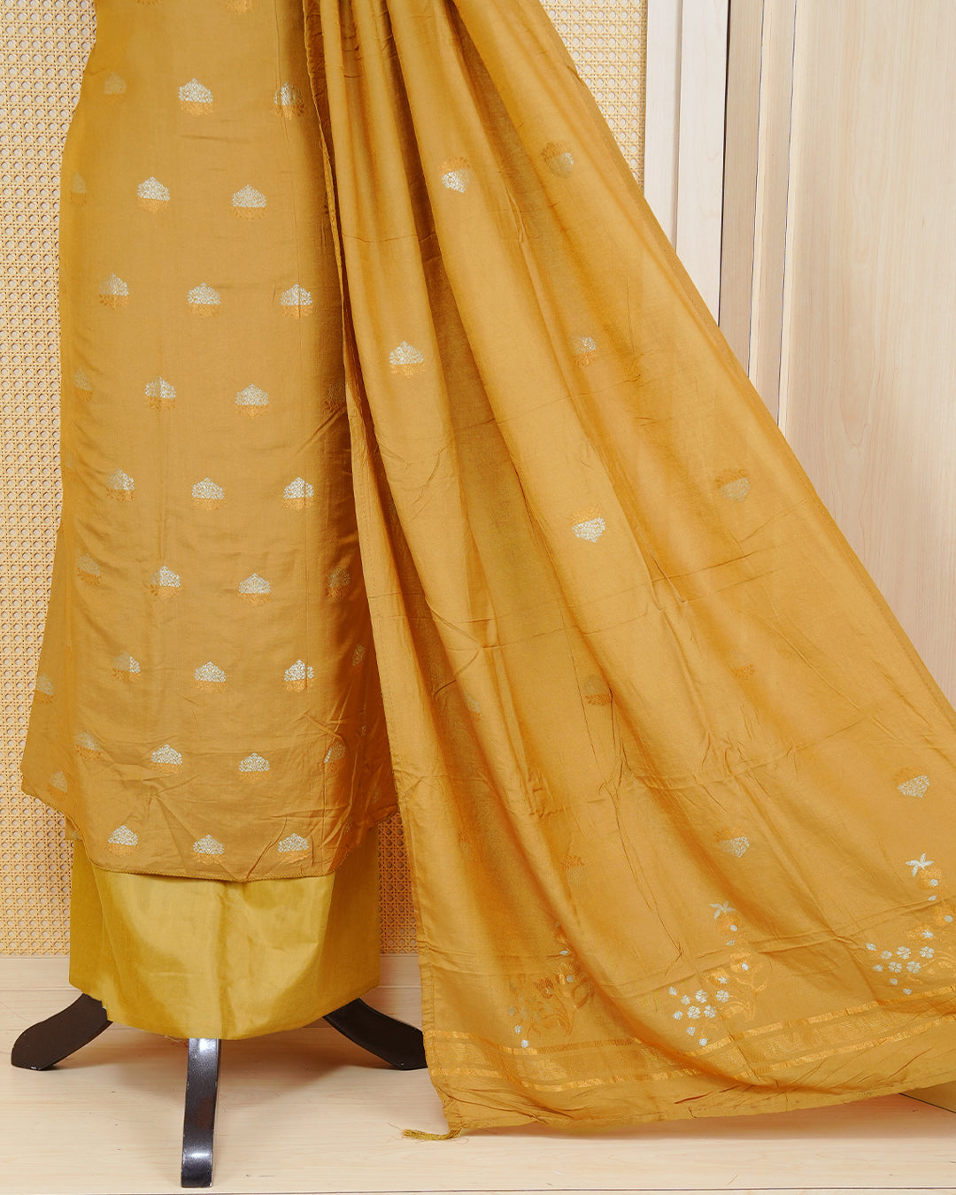 Dark yellow colour Banares Salwar material Featuring Gold and Silver zari floral motifs on body, paired with matching bottom & Elegant Dupatta