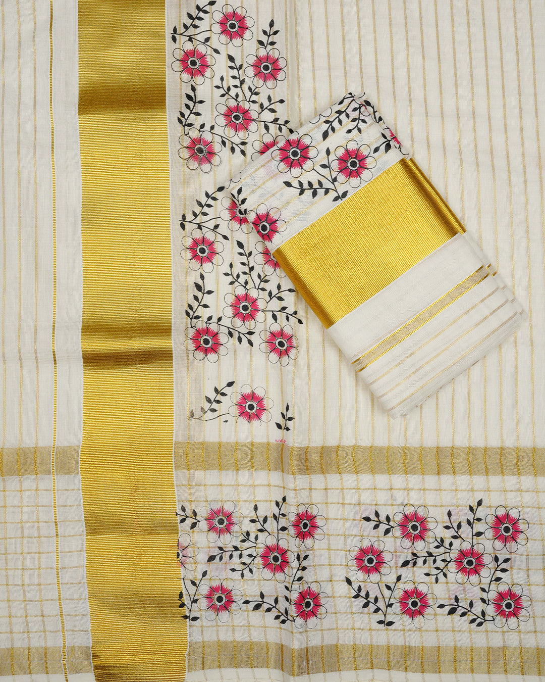 Cream colour cotton Set Mundu With Gold Zari stripes on body, enhanced with gold Kasav With Red Floral Printed kara.