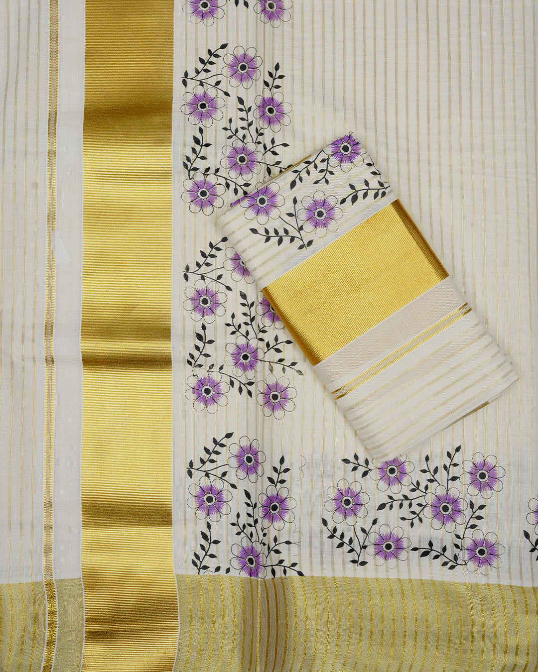 Cream colour cotton Set Mundu With Gold Zari stripes on body, enhanced with gold Kasav With Purple Floral Printed kara.