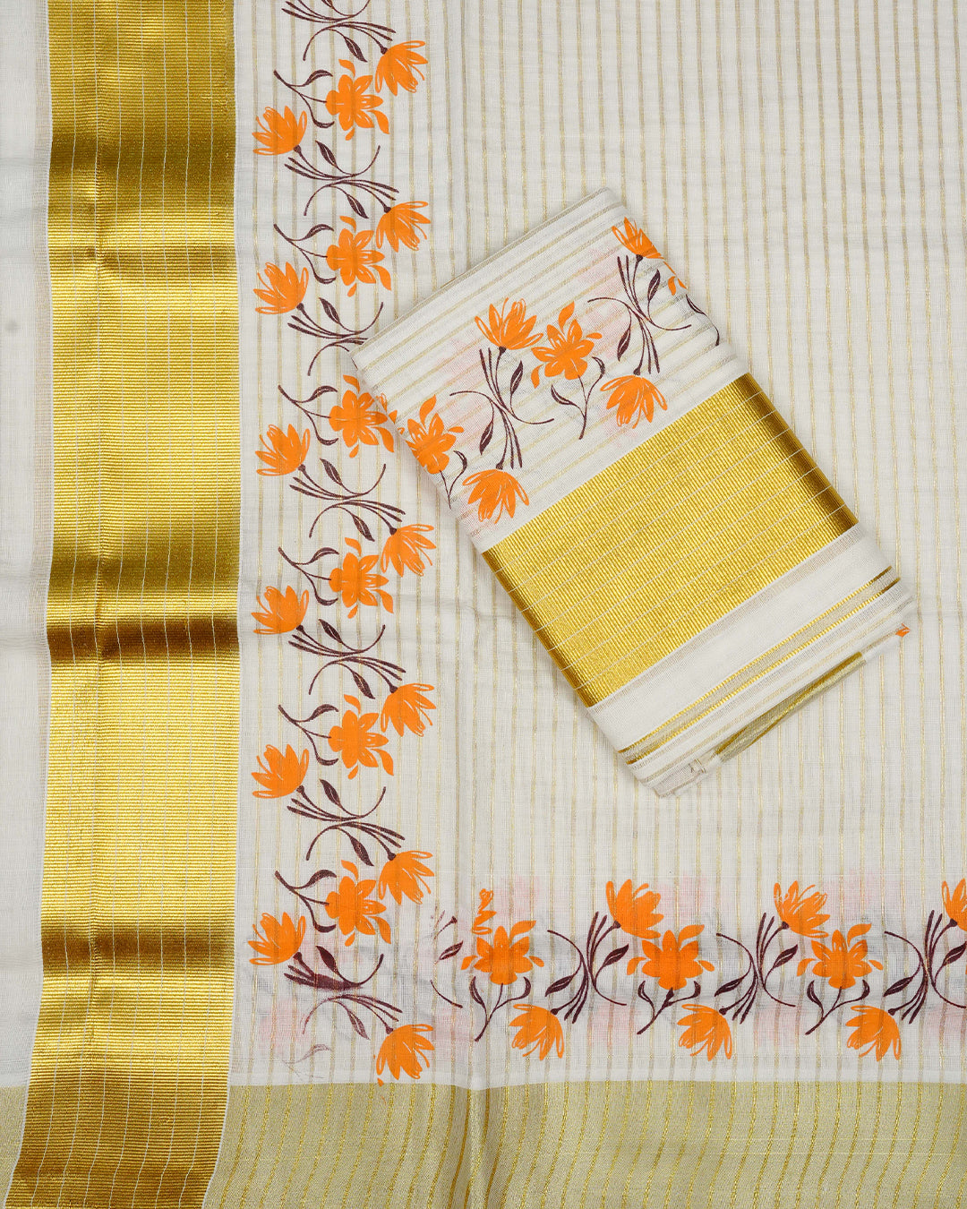 Cream colour Cotton set mundu features a Strip on body accented by a Gold with Orange Floral pattern on border.