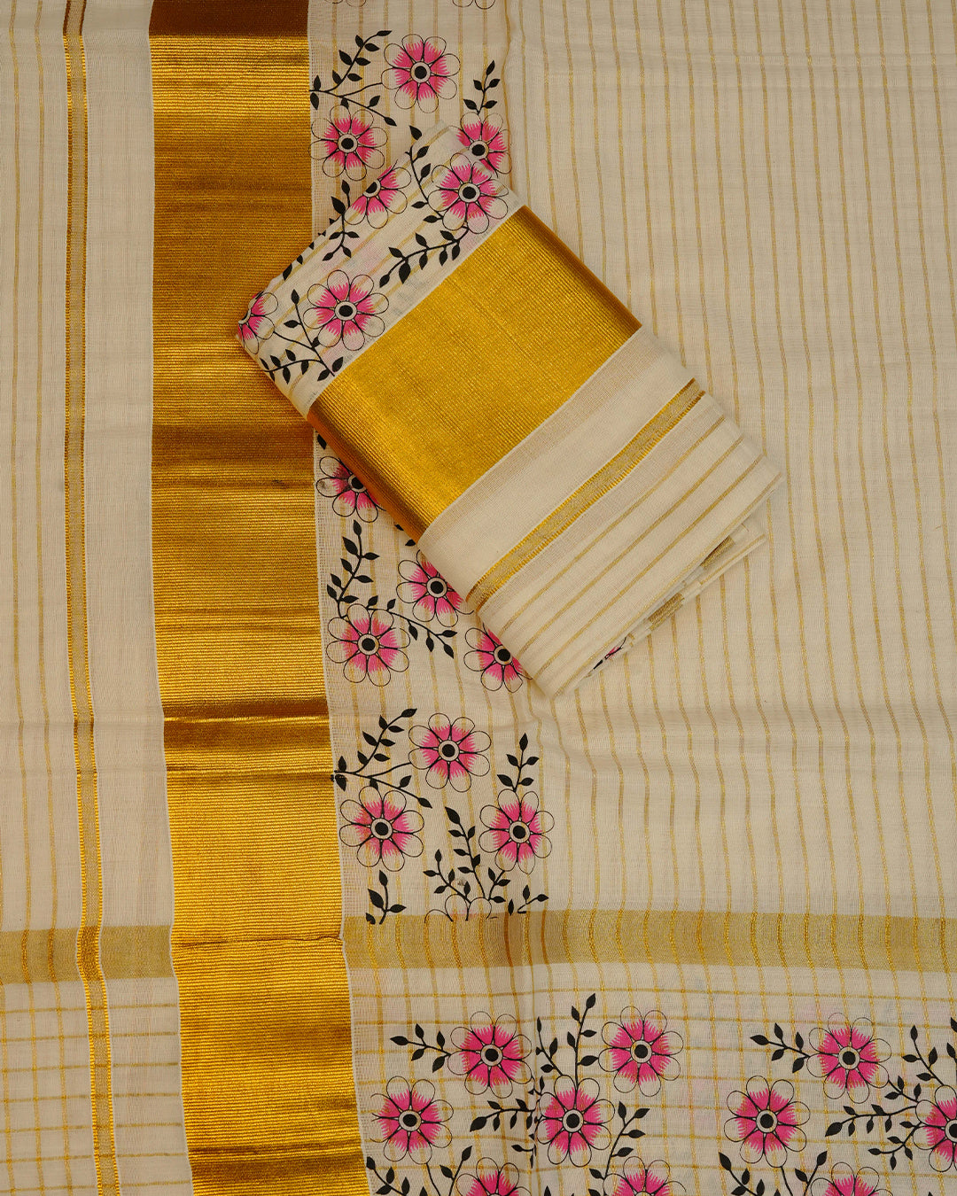 Cream colour cotton Set Mundu With Gold Zari stripes on body, enhanced with gold Kasav With Pink Floral Printed kara.