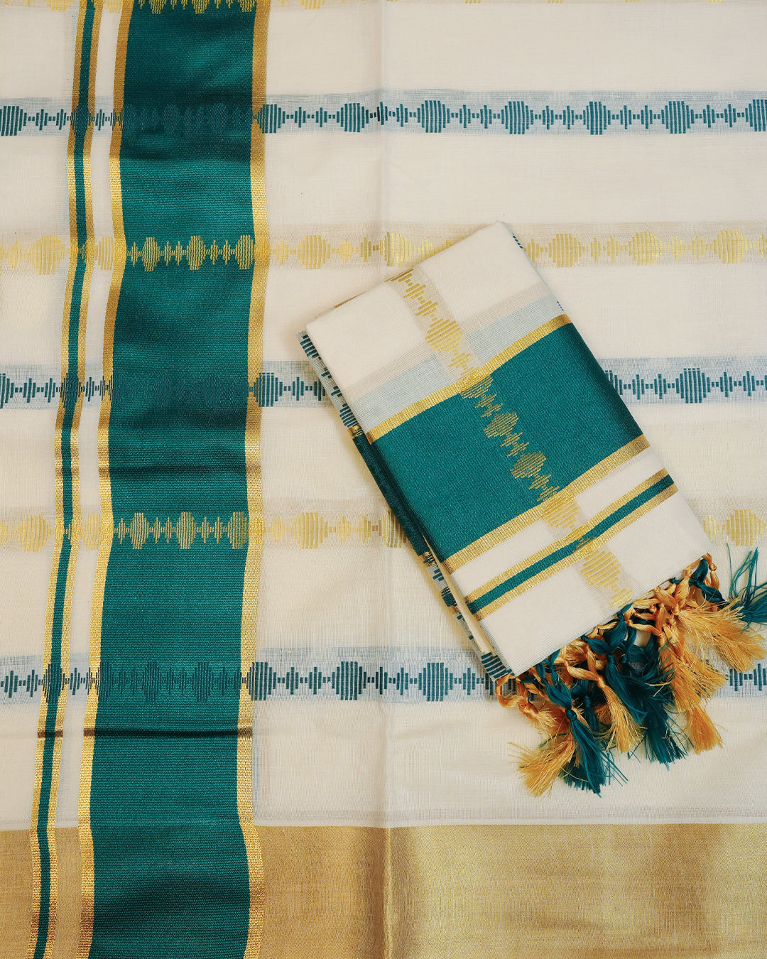 Cream colour cotton set mundu featuring Gold & Green Strips on body, featuring Classic Green & gold Kasav kara.
