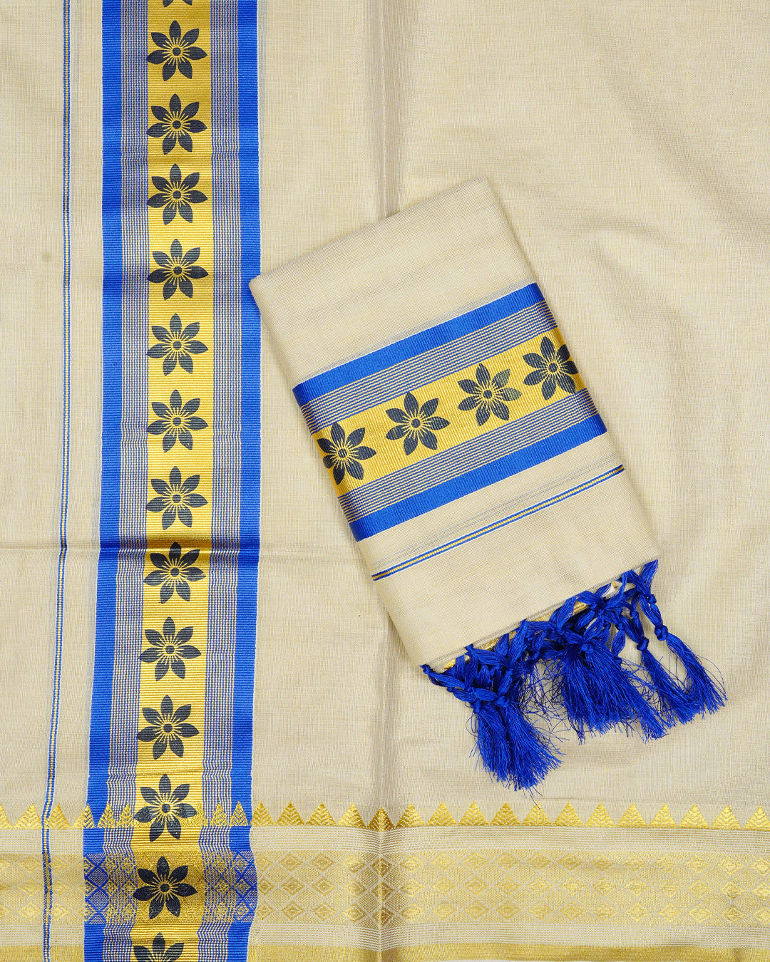 Cream colour Tissue silk set mund Featuring Elegant plain body, Complemented by Blue Floral print with zari border.