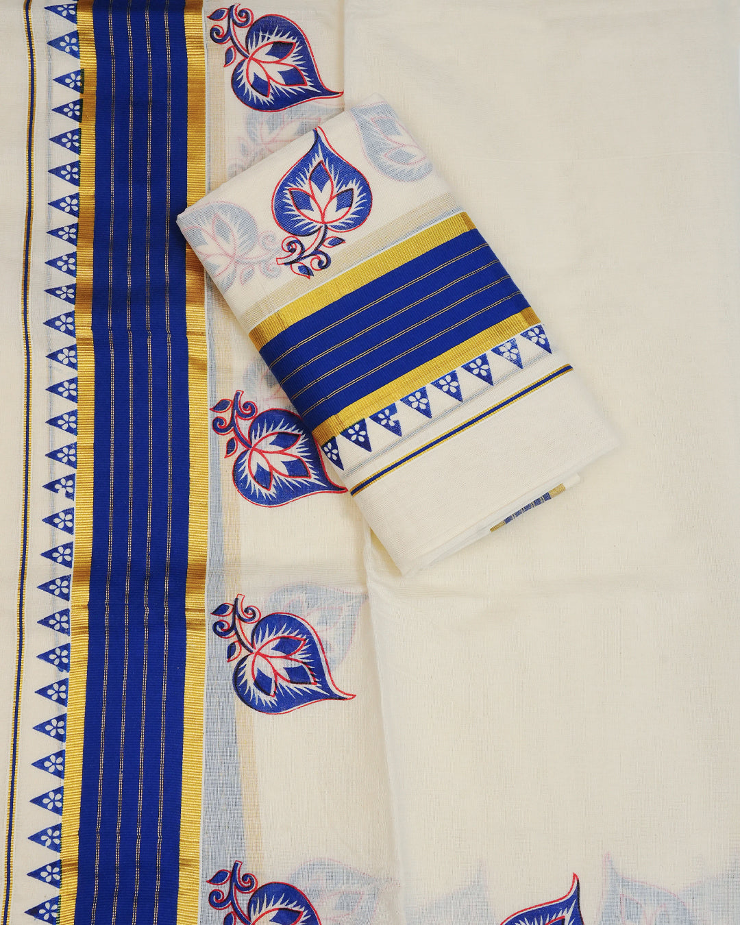 Cream colour cotton set mundu Featuring Elegant plain body, complemented by gold zari & Blue with Leaf print kara.