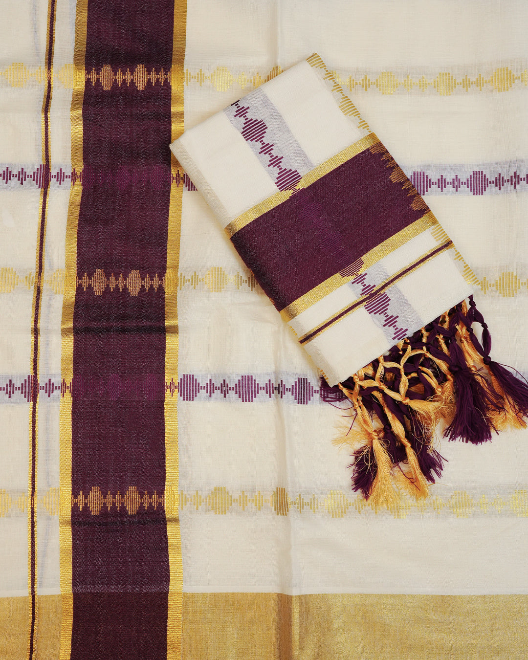 Cream colour cotton set mundu featuring Gold & Purple Strips on body, featuring Classic Purple & gold Kasav kara.