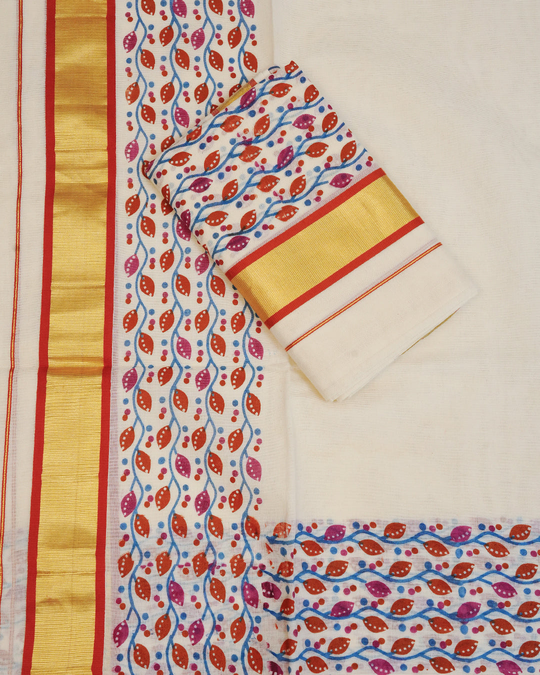 Cream colour cotton set mundu Featuring Plain, complemented by Multicolour kodi pattern With Gold & Brick colour border.