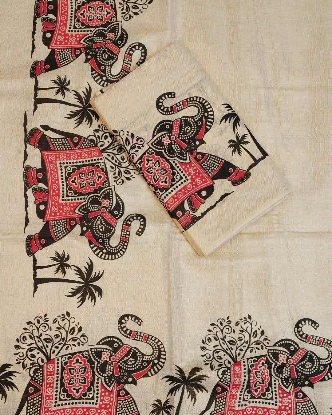 Cream colour Tissue silk set mund Featuring Elegant Gold zari Strips body, Complemented by Elephant printed border.