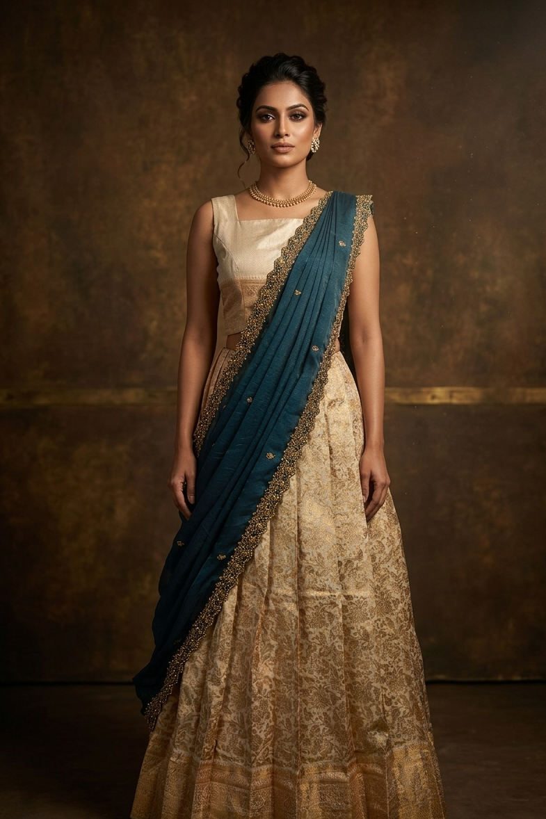 Light gold colour semi banaras semi stitched dhavani set featuring gold zari floral kodi motifs and traditional border, unstitched matching blouse piece and contrast Teal colour Duptta with gold thread and beats worked border.