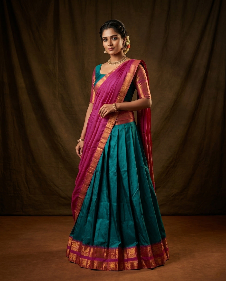 Green colour semi stitched Half saree featuring contrast Magenta colour with gold zari traditional border skirt, paired with matching zari border dupatta, unstitched blouse piece