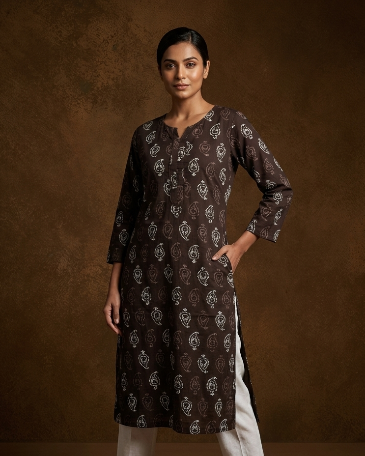 Chocolate brown colour kurti with styled with a round whit split neckline & print pattern across body, knee length design, and a sleeve .