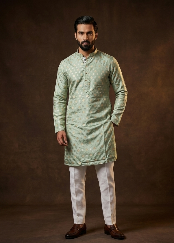 Mint colour kurta featuring gold & silver zari motifs on body, collar neck design, full sleeve.