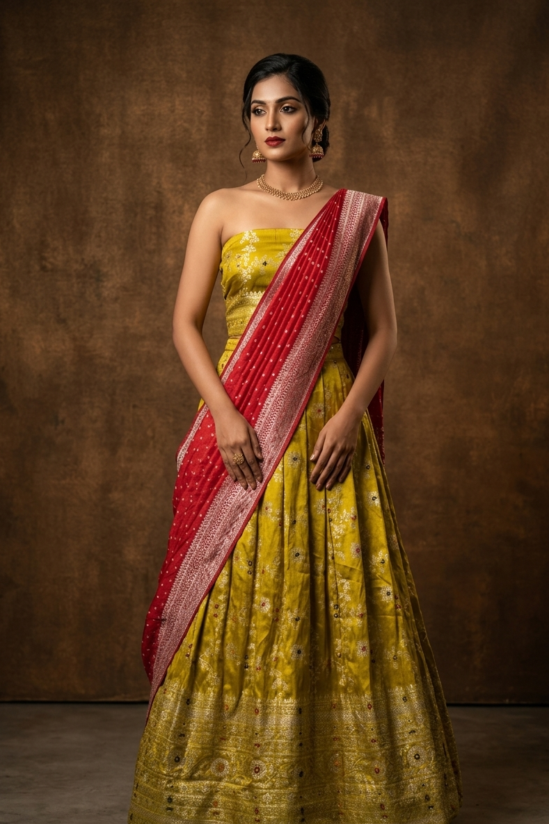 Olive colour semi banaras semi stitched dhavani set featuring silver & multicolour zari motifs and traditional border, unstitched matching blouse piece and contrast red colour Duptta with silver zari border.