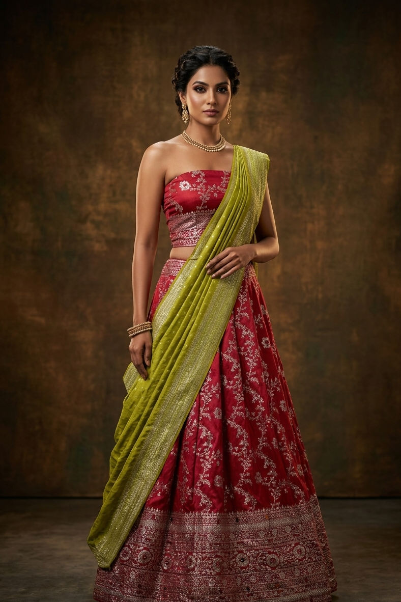Red colour semi banaras semi stitched dhavani set featuring gold zari floral kodi motifs and traditional border, unstitched matching blouse piece and contrast Olive colour Duptta with silver zari border border.