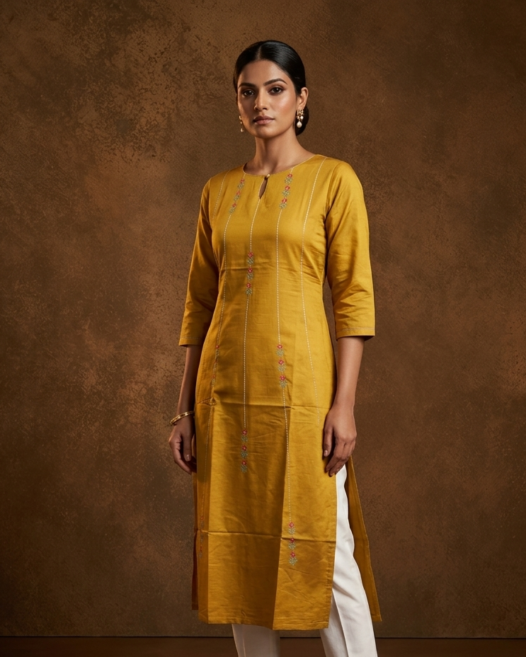 Mustard colour kurti with styled with a thread pattern around neckline & across body, knee length design, and a sleeve .