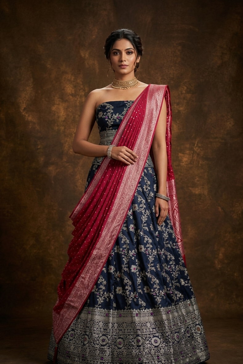 Teal colour semi banaras semi stitched dhavani set featuring gold zari floral kodi motifs and traditional border, unstitched matching blouse piece and contrast Red colour Duptta with silver zari border border.