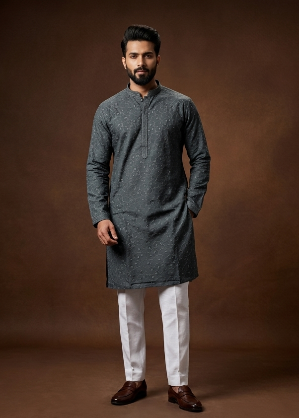 Grey colour self featuring self color thread & sequins on body, colour design neck, adored with full sleeve.