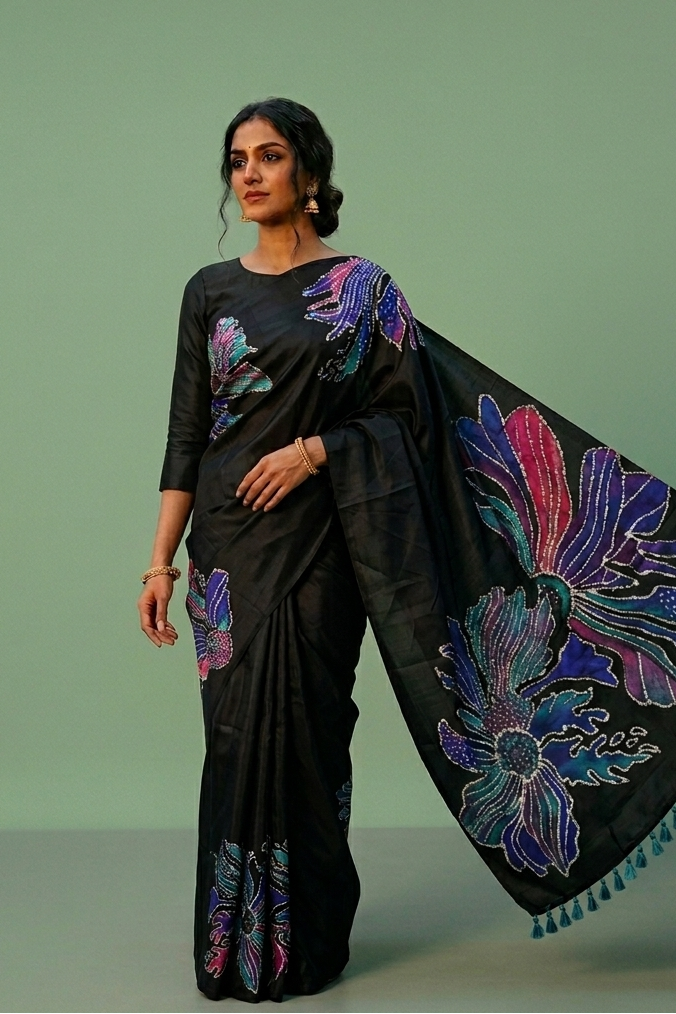 Black colour semi khadi silk saree adorned with navy blue,pink and aqua green colour bold floral motifs across the body, designed without a border for a contemporary touch, and paired with a matching blouse.