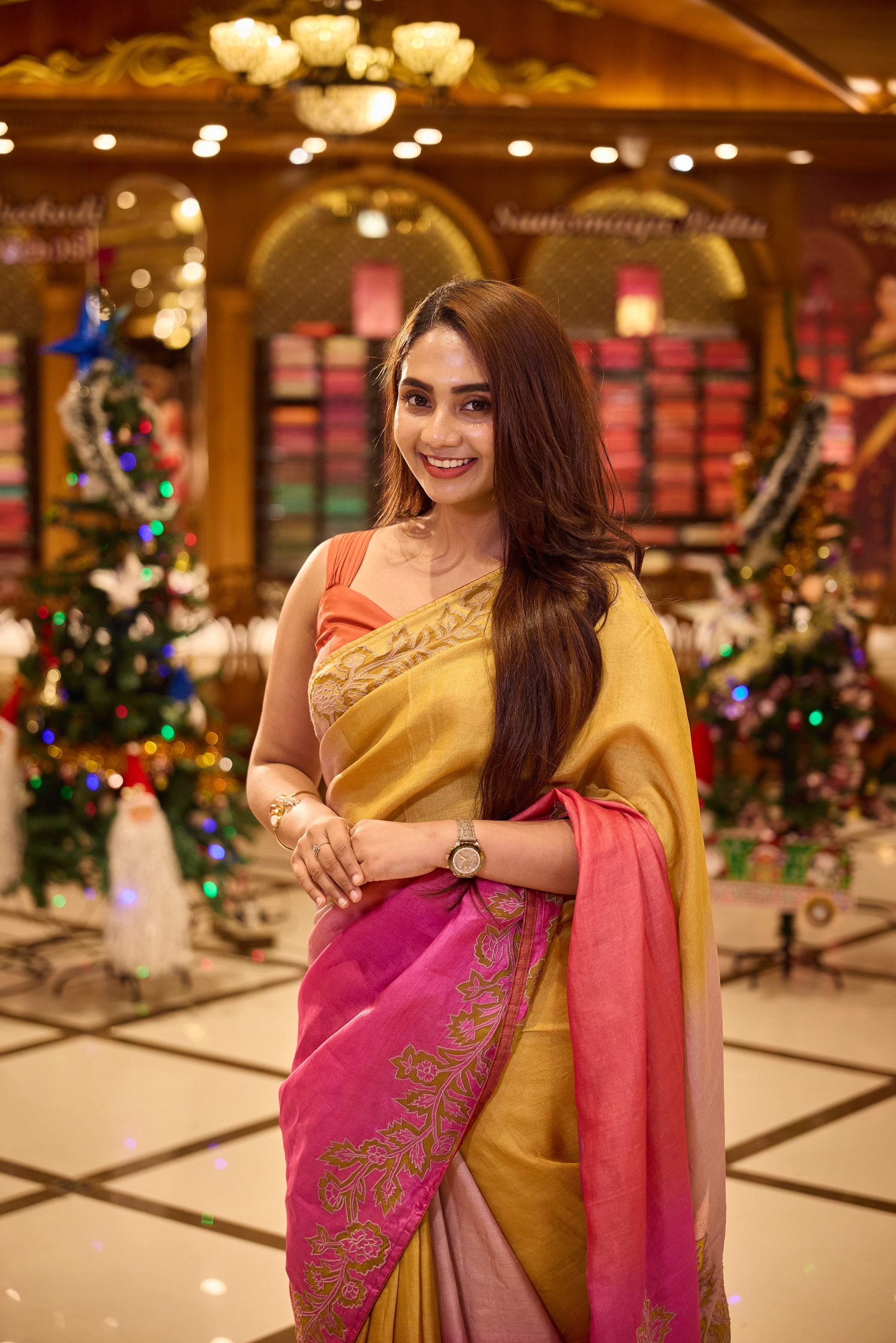 4D hand dyed coloured Pure Tussar silk saree featuring a pure organza applique border and pallu with elegant leaf motifs, paired with a matching blouse piece.