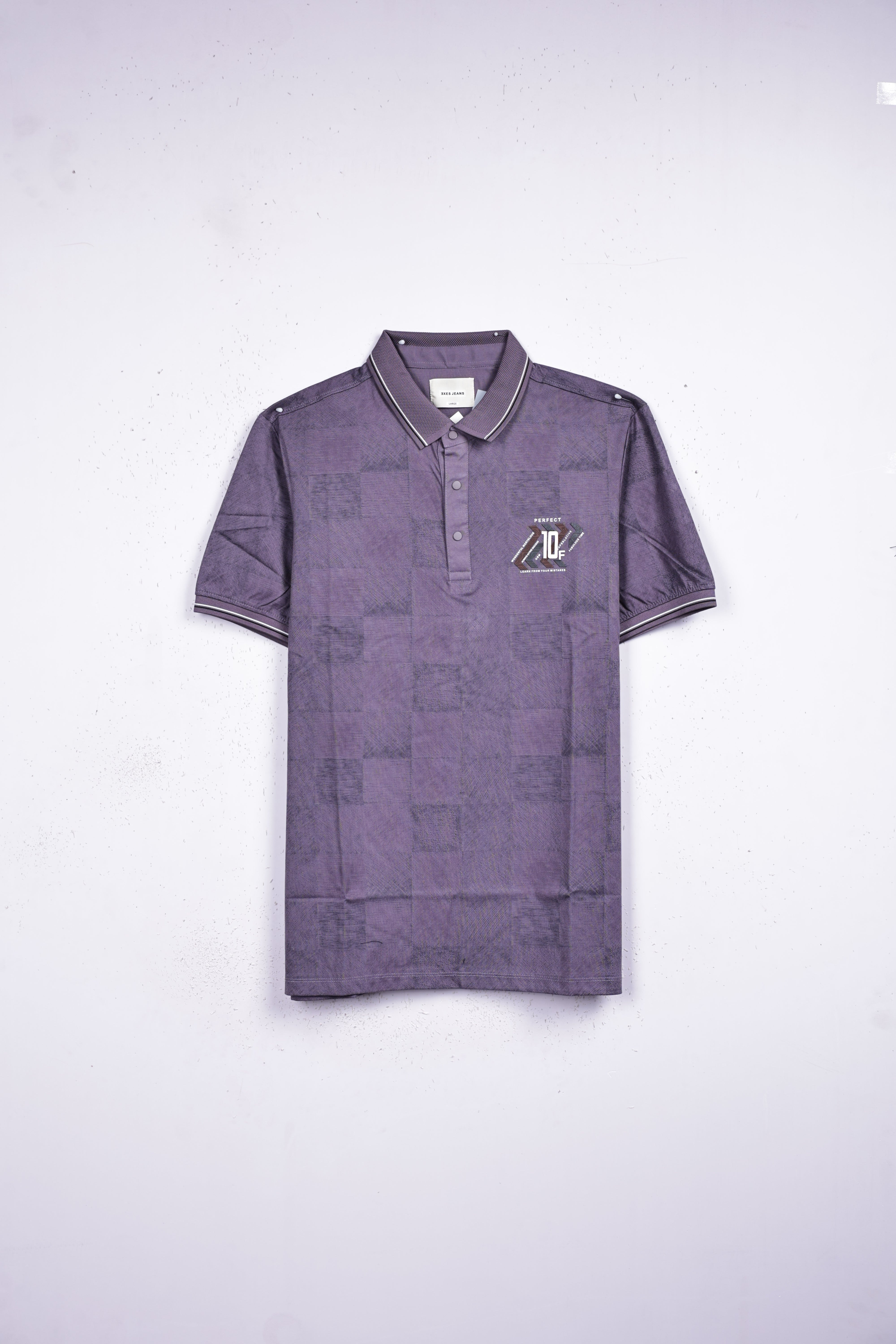 Purple colour t shirt featuring collar design neck, Print on body, Half sleeve.