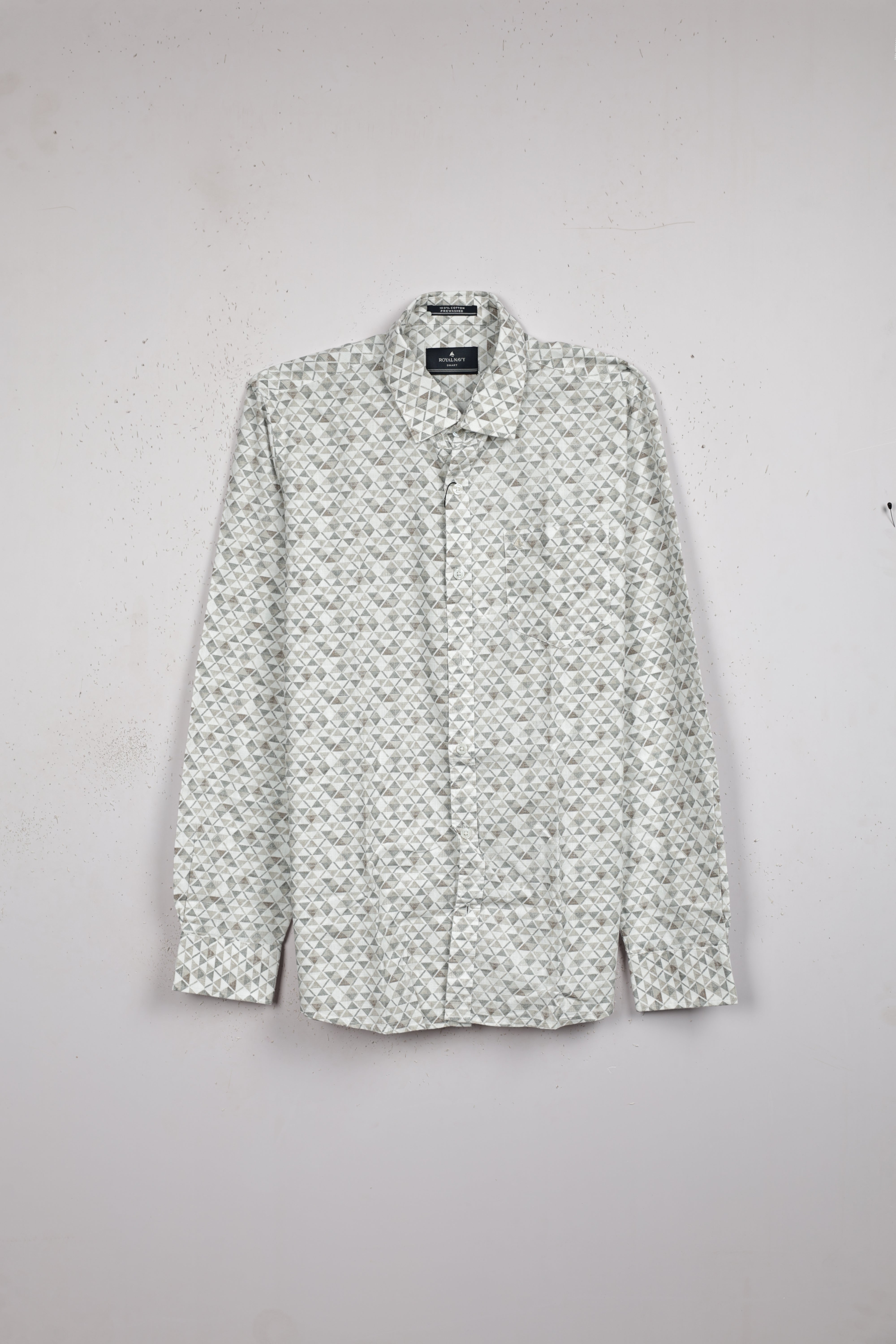 Off white colour shirt with geometric pattern printed on body, full sleeve