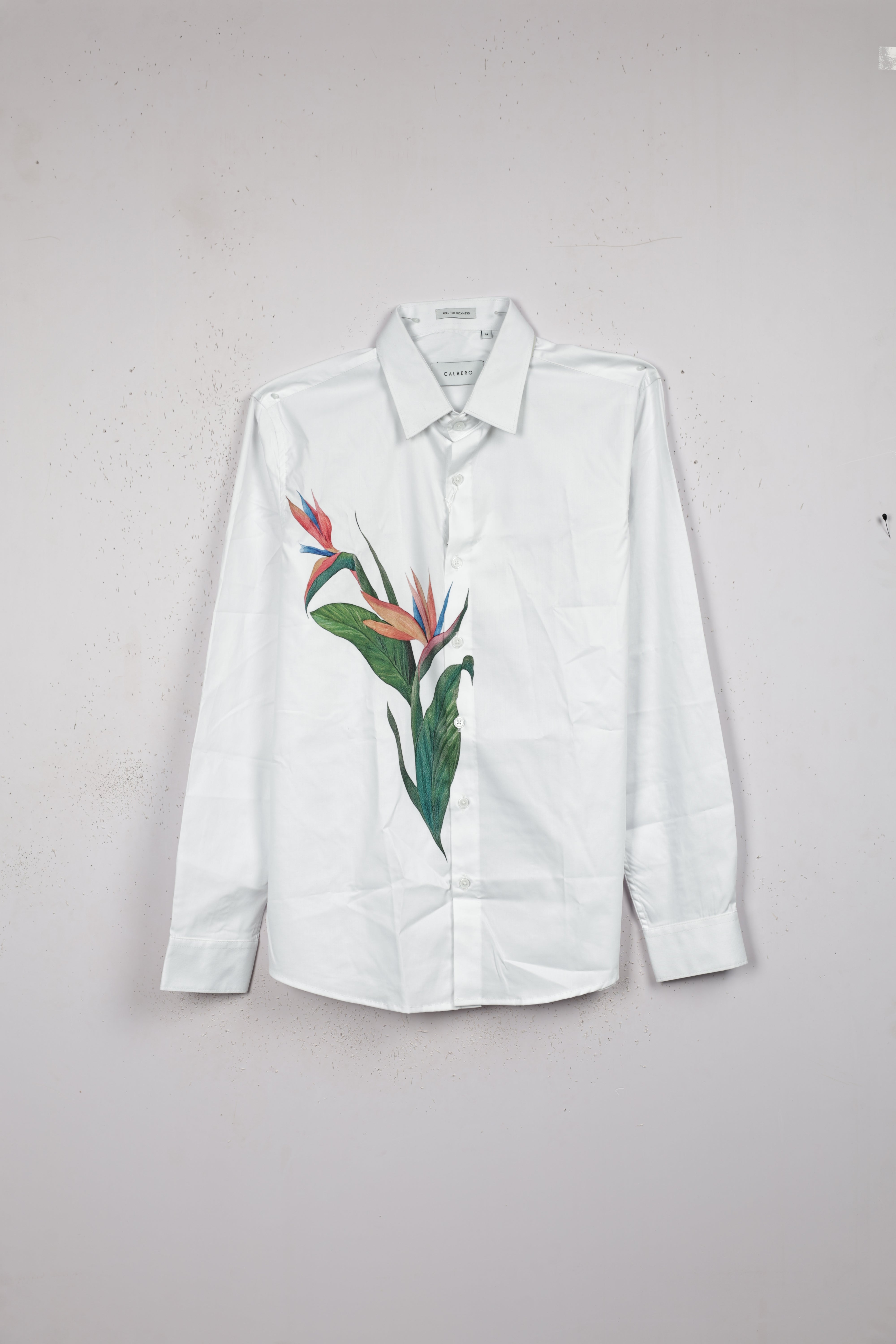 White colour shirt designed with Leaf print on body, adored with full sleeve.