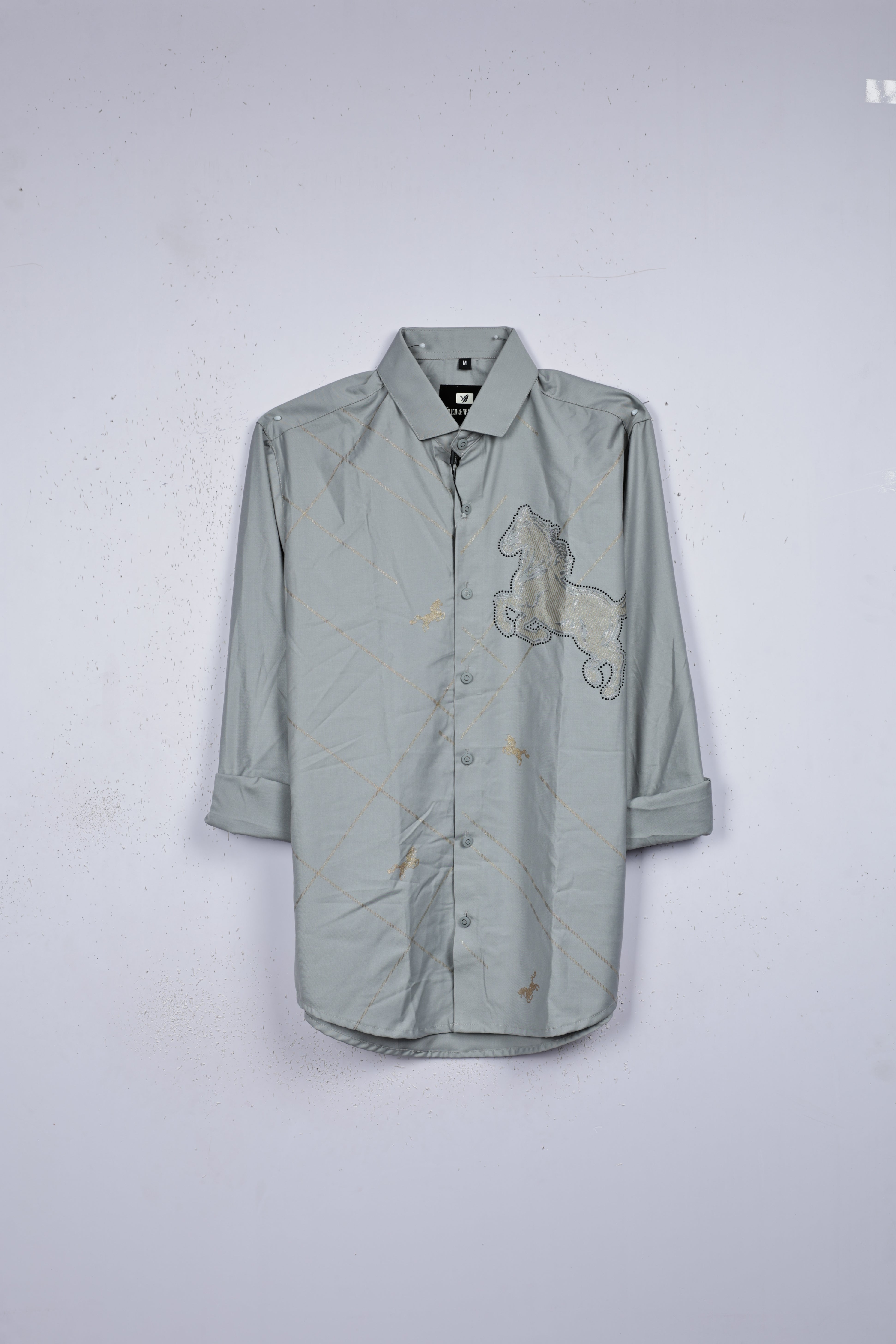 Grey colour shirt designed with stone pattern on body, full sleeve.