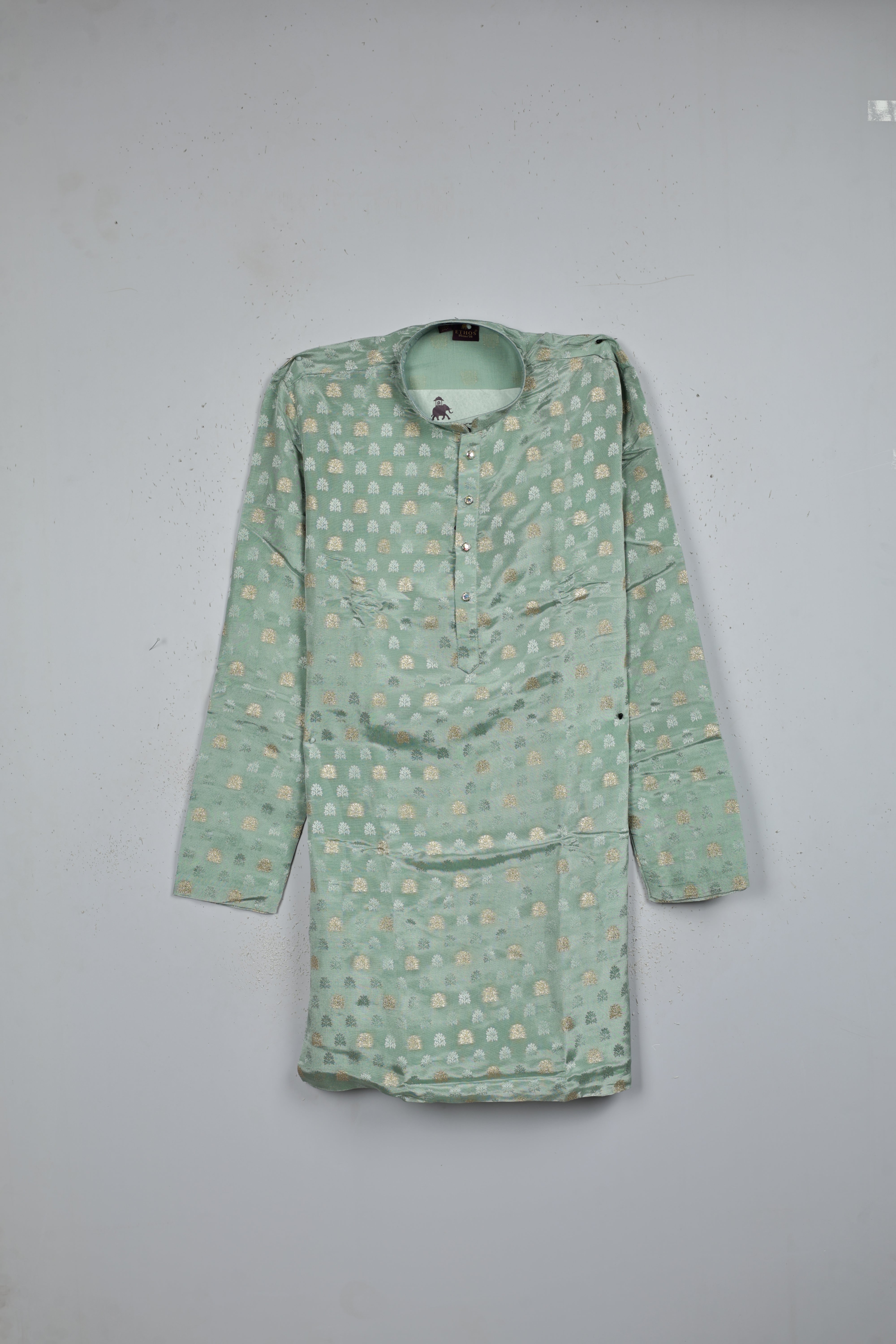 Mint colour kurta featuring gold & silver zari motifs on body, collar neck design, full sleeve.