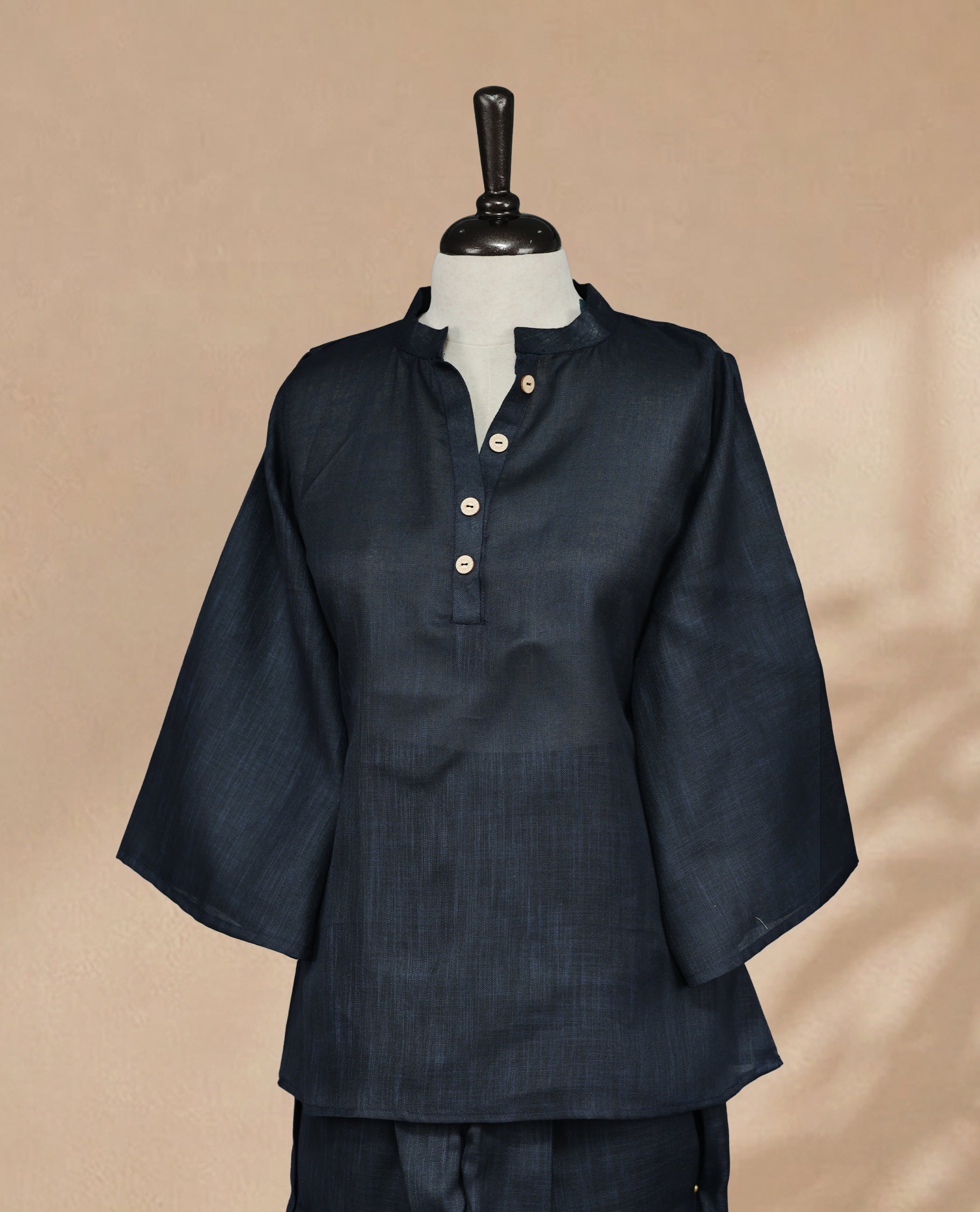 Women Two Piece L Navy Blue Colour Co-Ord Set with Mandarin Collar, Button Detail and Sleeves