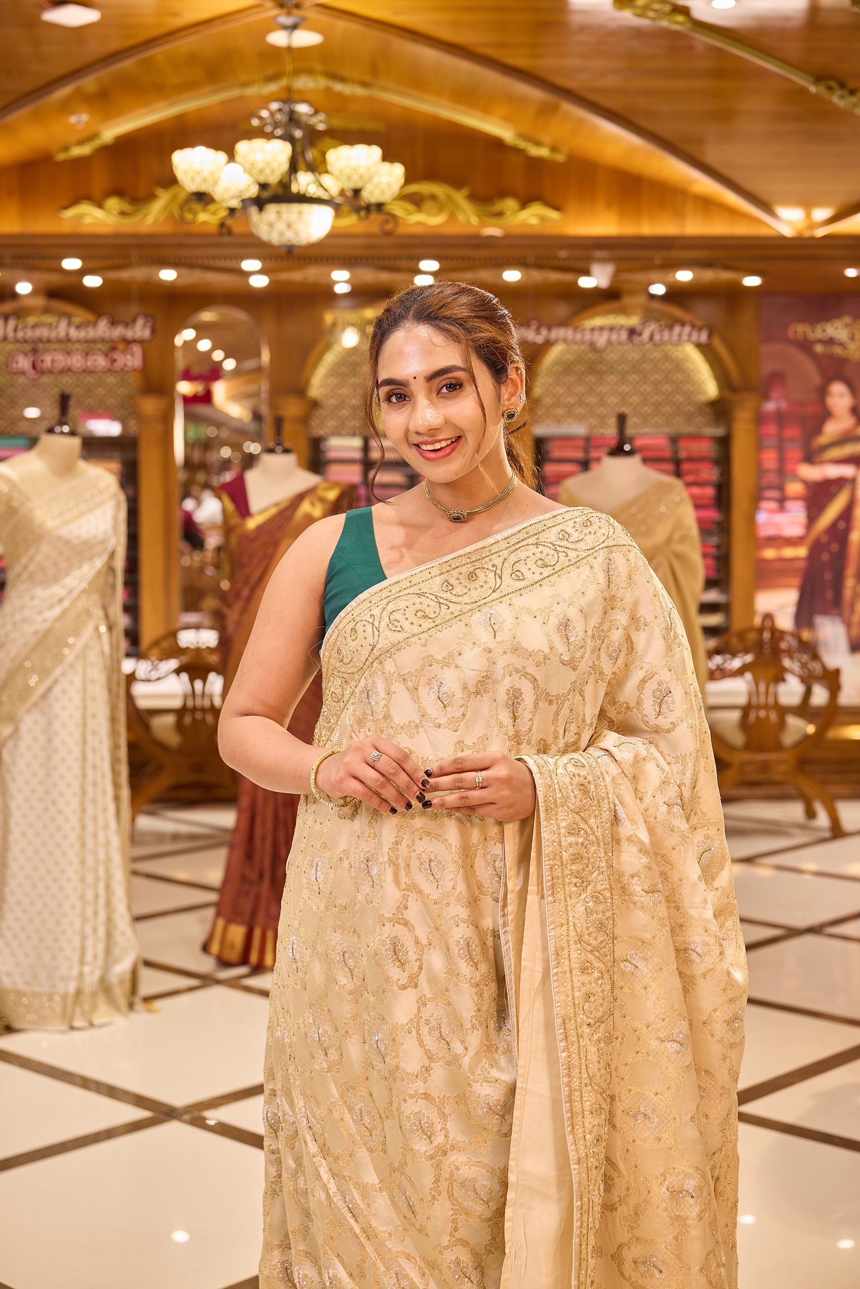 Ivory Colour Satin Banaras Crepe Silk Saree with All woven Traditional Jaal Weave and Silver Meena Motifs, Featuring Hand Beadwork on Pallu and Border, Paired with Matching Blouse Piece.