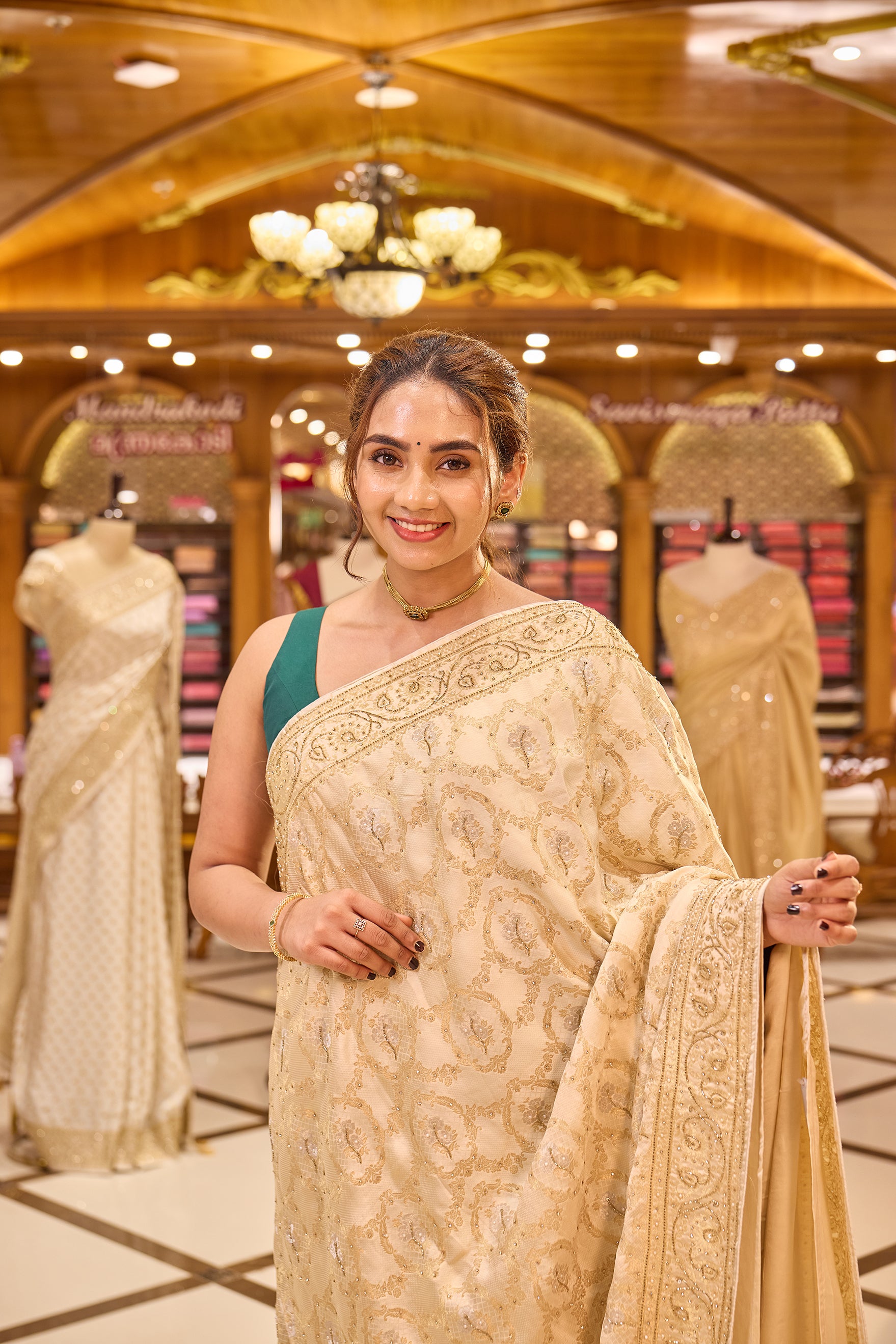 Ivory Colour Satin Banaras Crepe Silk Saree with All woven Traditional Jaal Weave and Silver Meena Motifs, Featuring Hand Beadwork on Pallu and Border, Paired with Matching Blouse Piece.