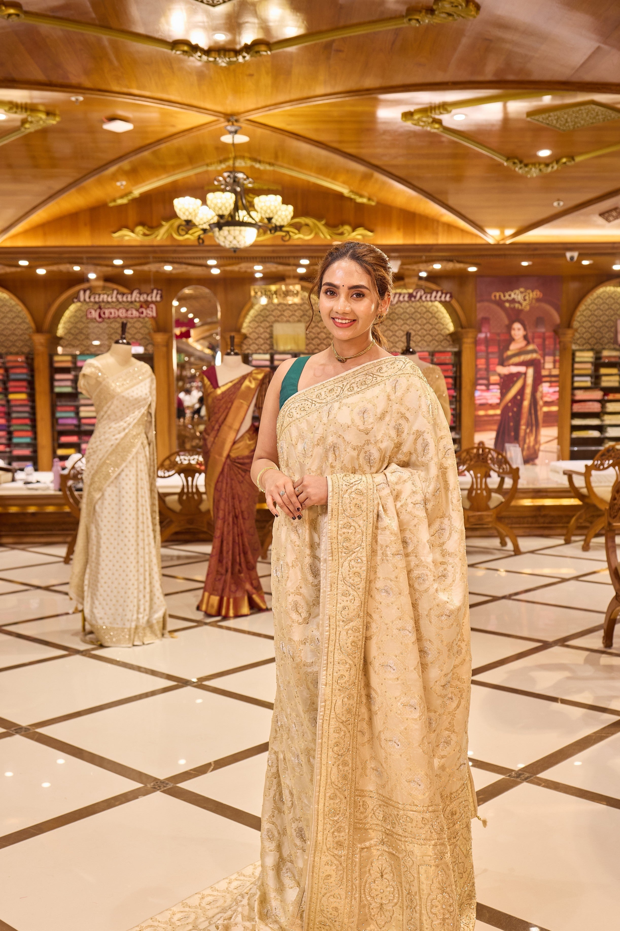 Ivory Colour Satin Banaras Crepe Silk Saree with All woven Traditional Jaal Weave and Silver Meena Motifs, Featuring Hand Beadwork on Pallu and Border, Paired with Matching Blouse Piece.