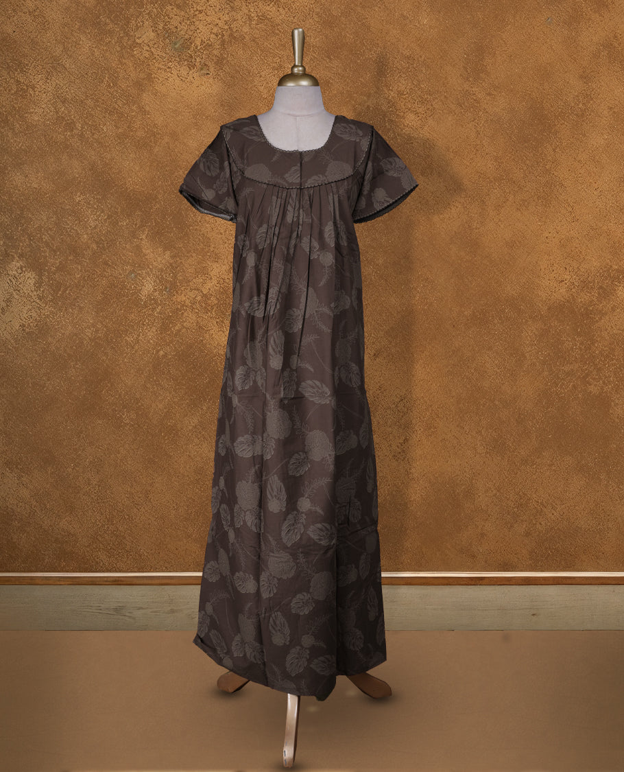 Coffee brown colour NStyle nighty featuring crean floral pattern, a U neckline with thread details , short sleeves, and a full ankle-length design.