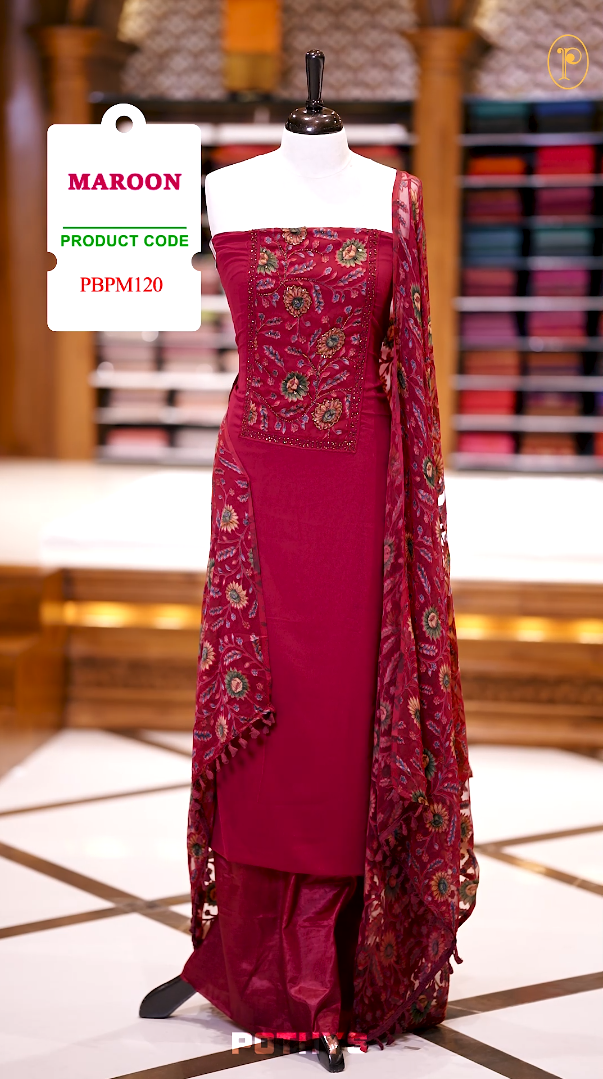 Maroon Colour Chiffon partywear churidhar material featuring floral digital print