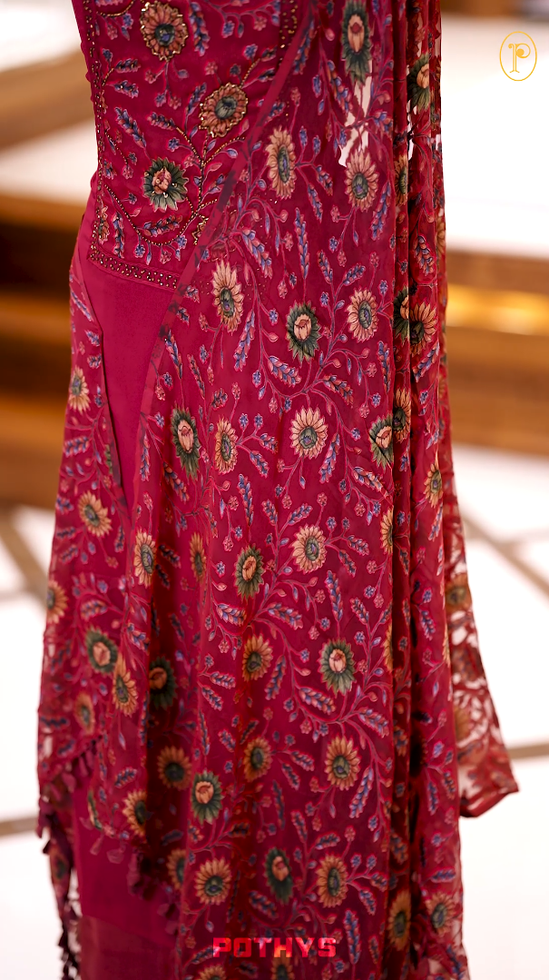 Maroon Colour Chiffon partywear churidhar material featuring floral digital print